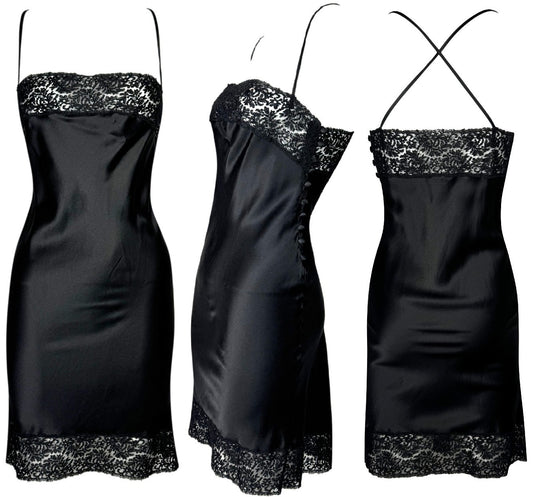F/W 1997 Christian Dior x John Galliano Sheer Black Lace Chest Silk Satin LBD Mini Dress