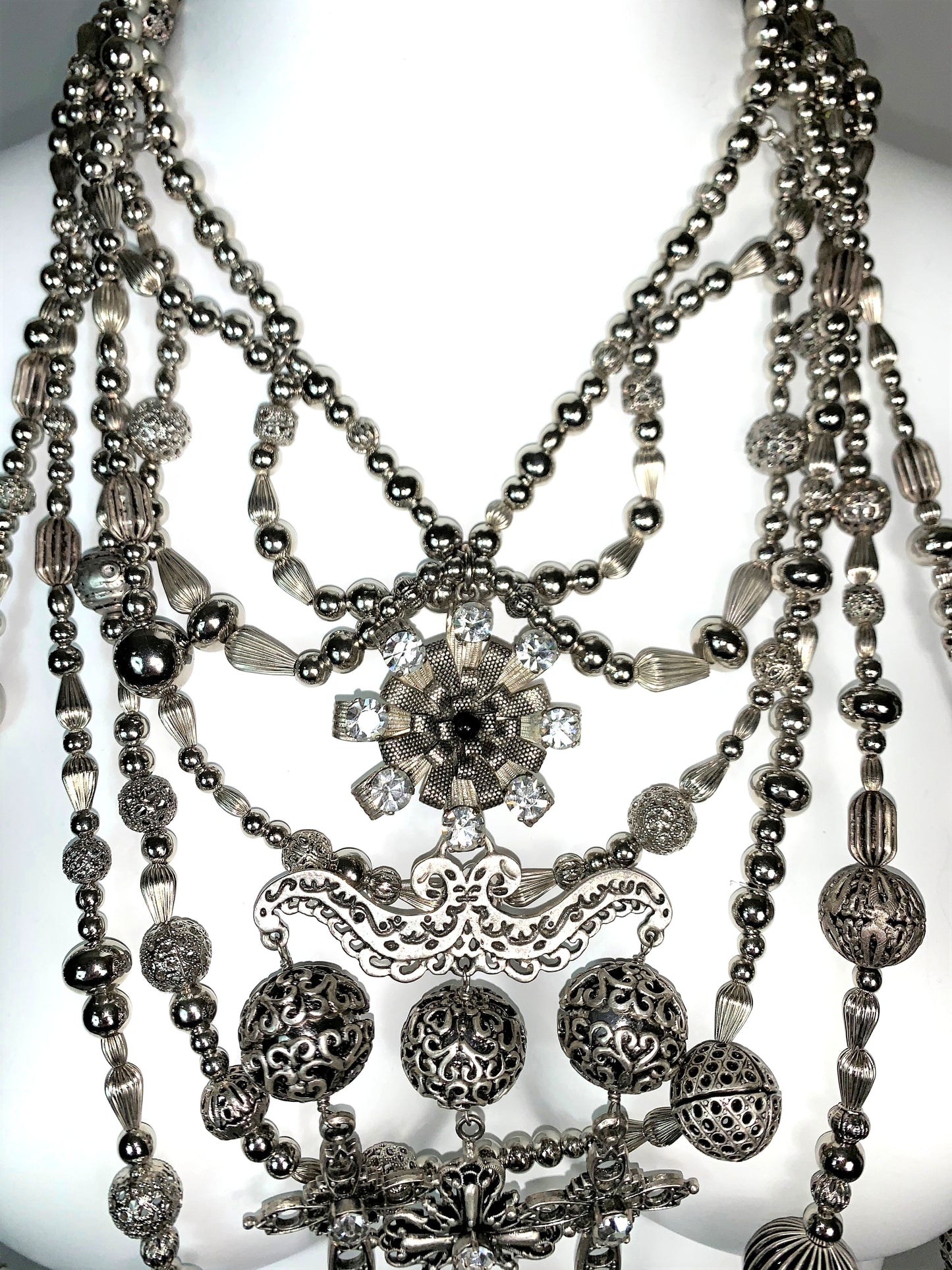EXTREMELY RARE F/W 1997 Christian Dior by John Galliano Huge Silver Cross Crucifix Beaded Wide Masai Choker Necklace