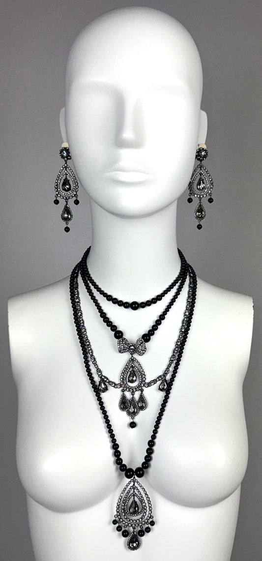 F/W 1997 Christian Dior x John Galliano Onyx Black Large Layered Bow Necklace & Chandelier Earrings Set