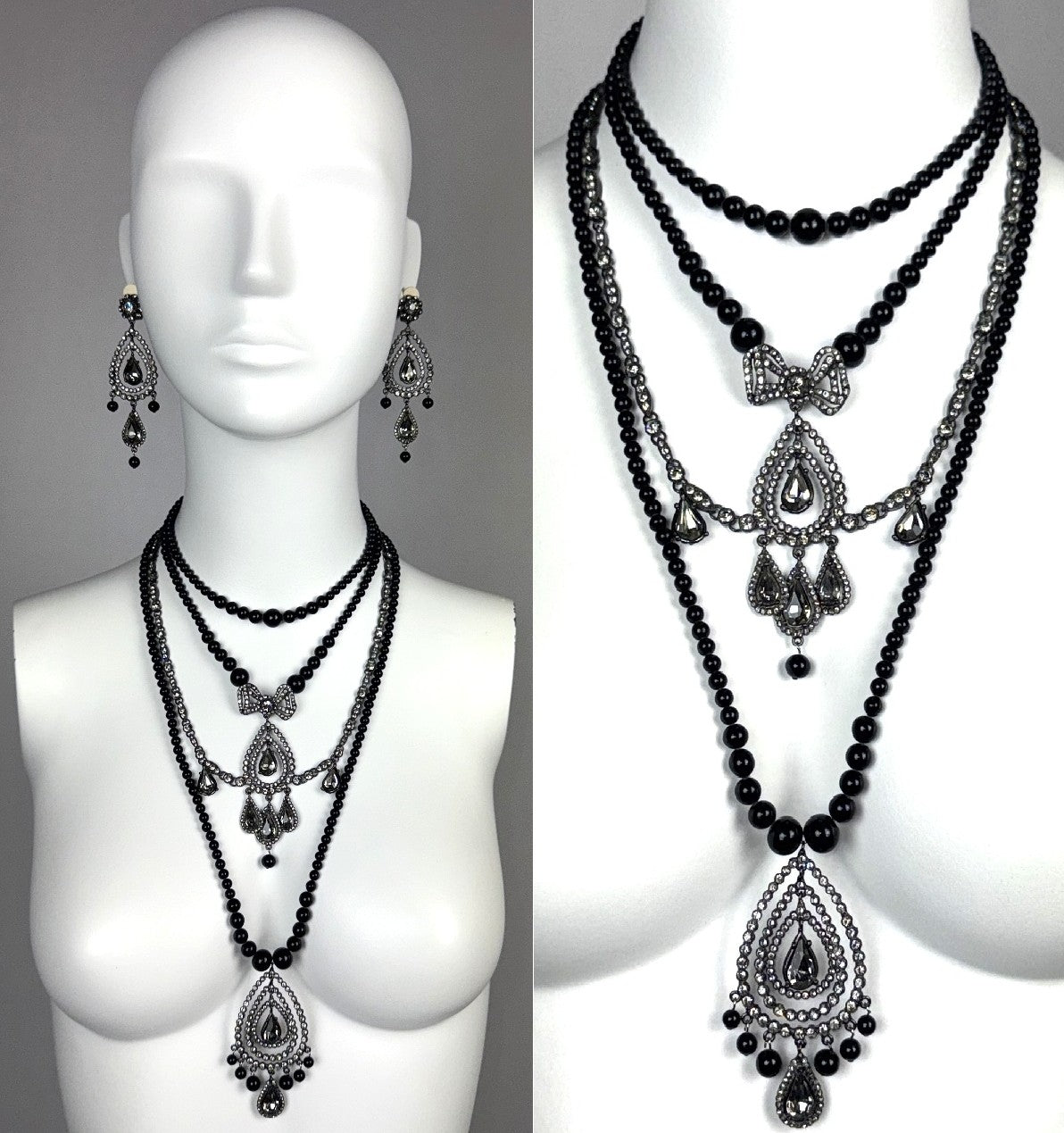 F/W 1997 Christian Dior x John Galliano Onyx Black Large Layered Bow Necklace & Chandelier Earrings Set