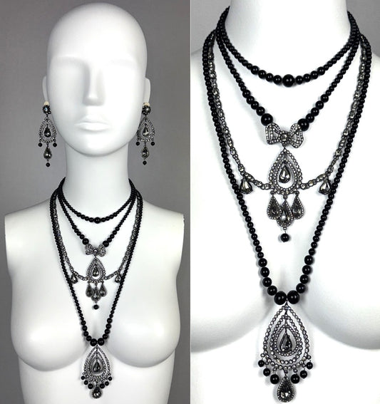 F/W 1997 Christian Dior x John Galliano Onyx Black Large Layered Bow Necklace & Chandelier Earrings Set
