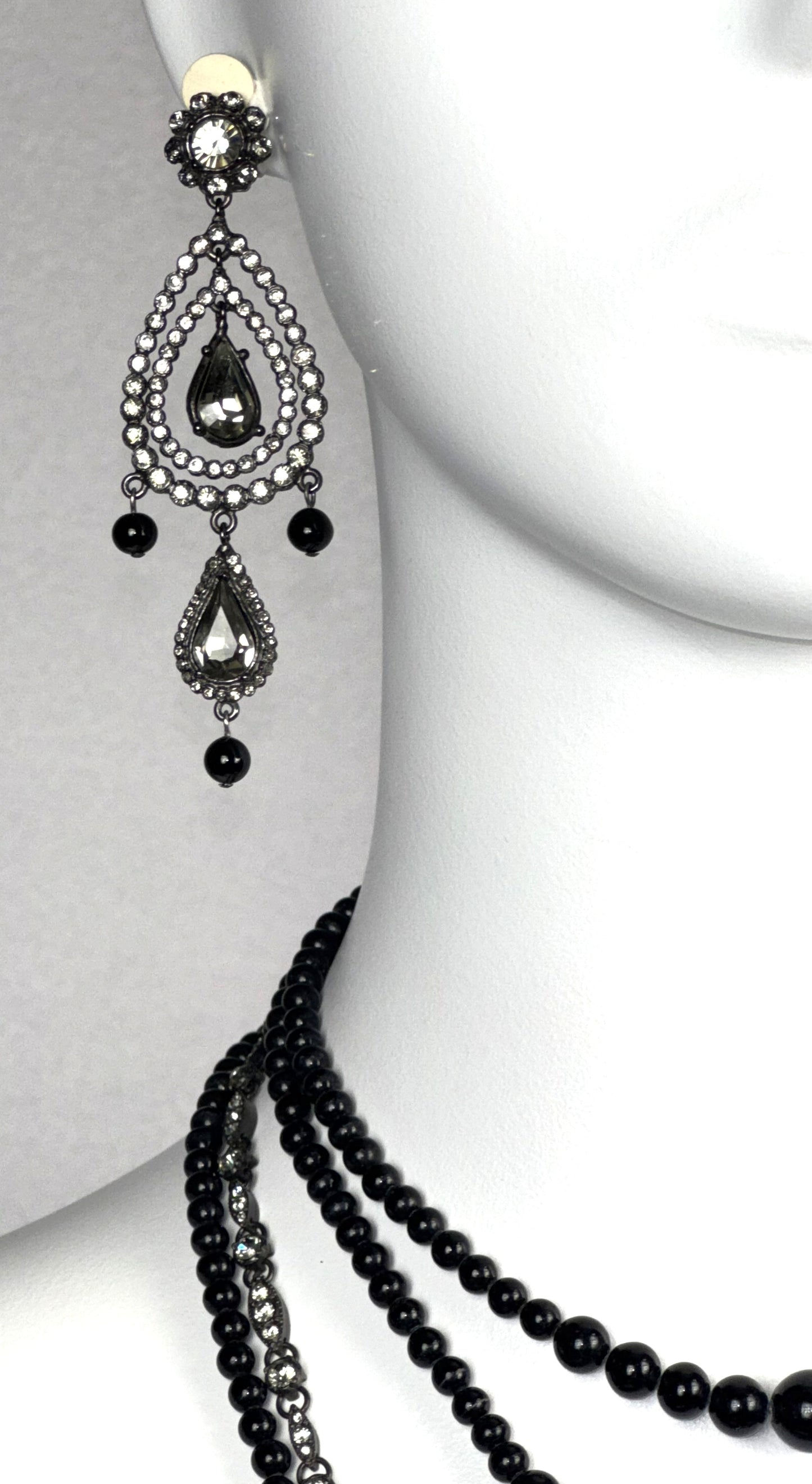 F/W 1997 Christian Dior x John Galliano Onyx Black Large Layered Bow Necklace & Chandelier Earrings Set