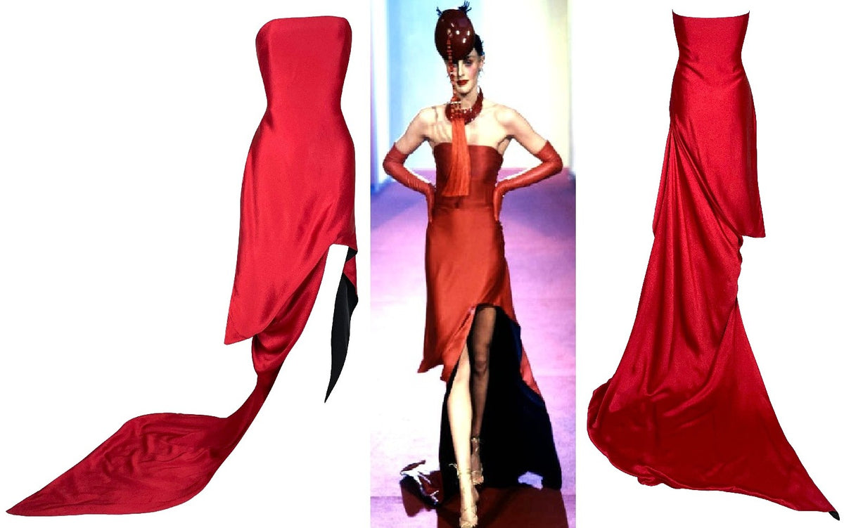 RARE F/W 1997 Christian Dior x John Galliano Runway Red Strapless Gown Mini Dress w Train