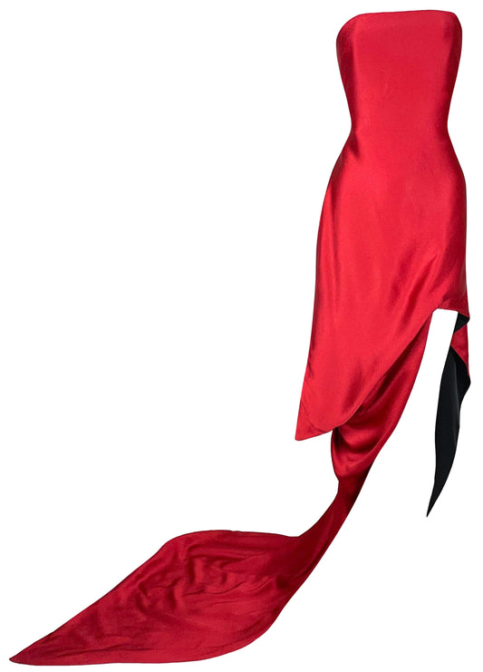 RARE F/W 1997 Christian Dior x John Galliano Runway Red Strapless Gown Mini Dress w Train