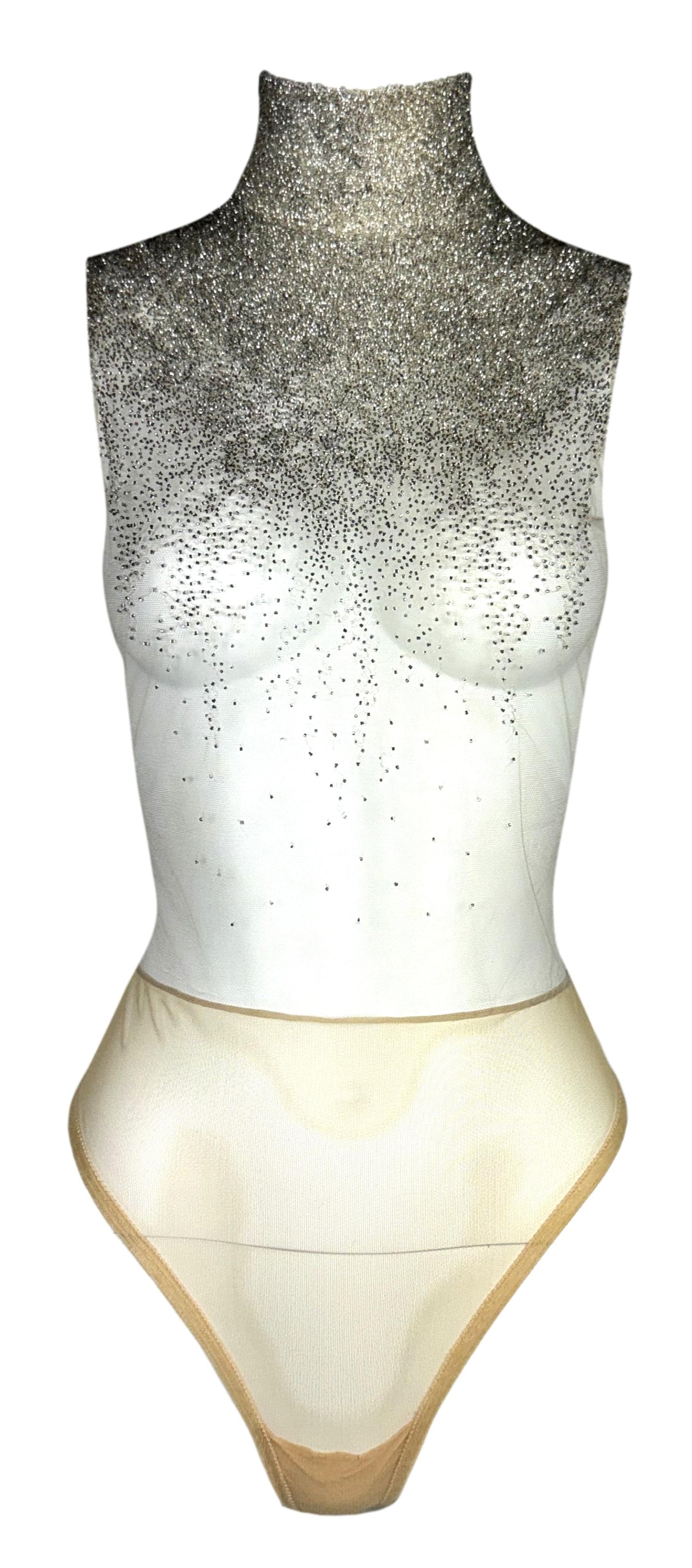 F/W 1997 Givenchy Haute Couture by Alexander McQueen Runway Sheer Nude Crystal Beaded Bodysuit Top