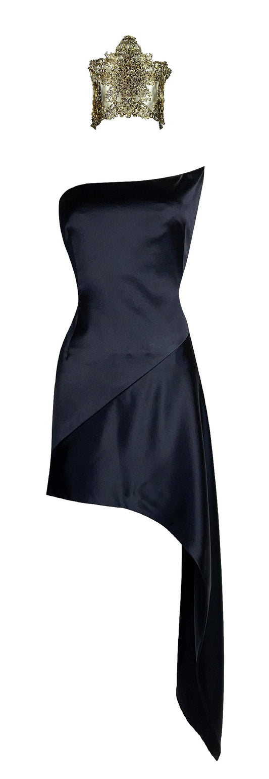 F/W 1997 Givenchy by Alexander McQueen Black Satin Strapless Bustier Asymmetrical Dress