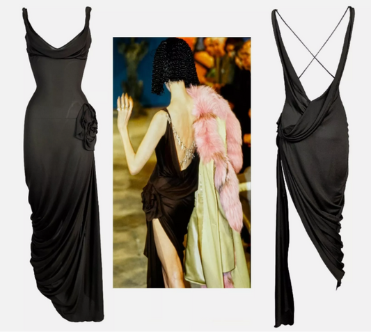 Vintage F/W 1997 John Galliano Runway Sheer Brown Flower Super High Slit Dress