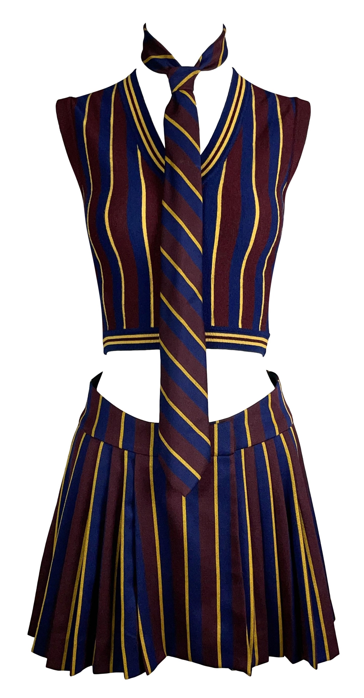 F/W 1997 John Galliano Runway Catholic School Girl Tie Crop Top Skirt Cardigan Uniform Set