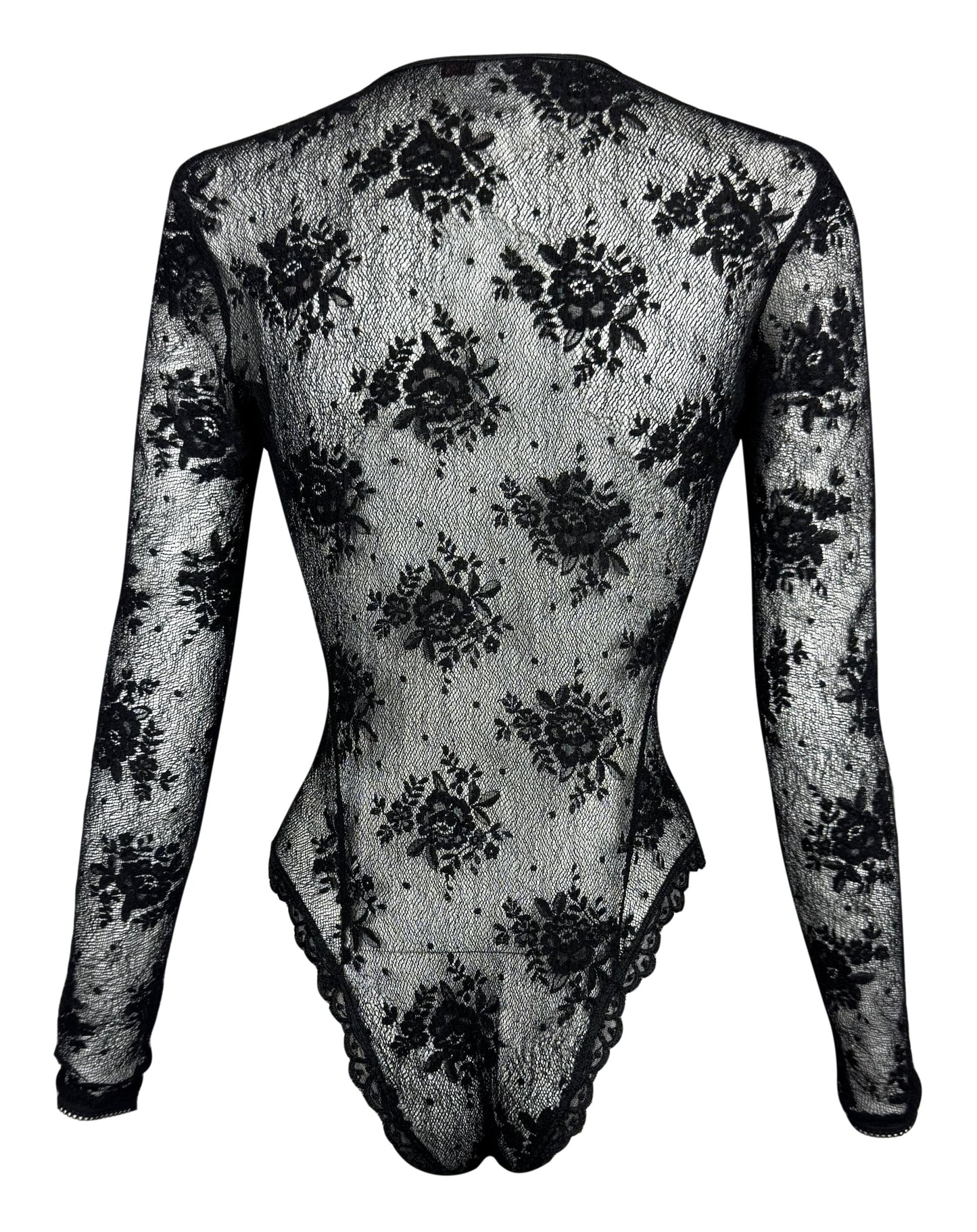 F/W 1997 John Galliano Runway Sheer Black Lace L/S Bodysuit Top