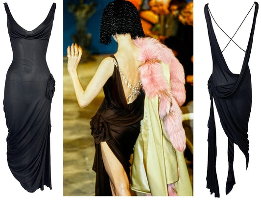 F/W 1997 John Galliano Runway Black Plunging Back High Slit Dress