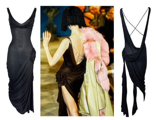 F/W 1997 John Galliano Runway Black Plunging Back High Slit Dress