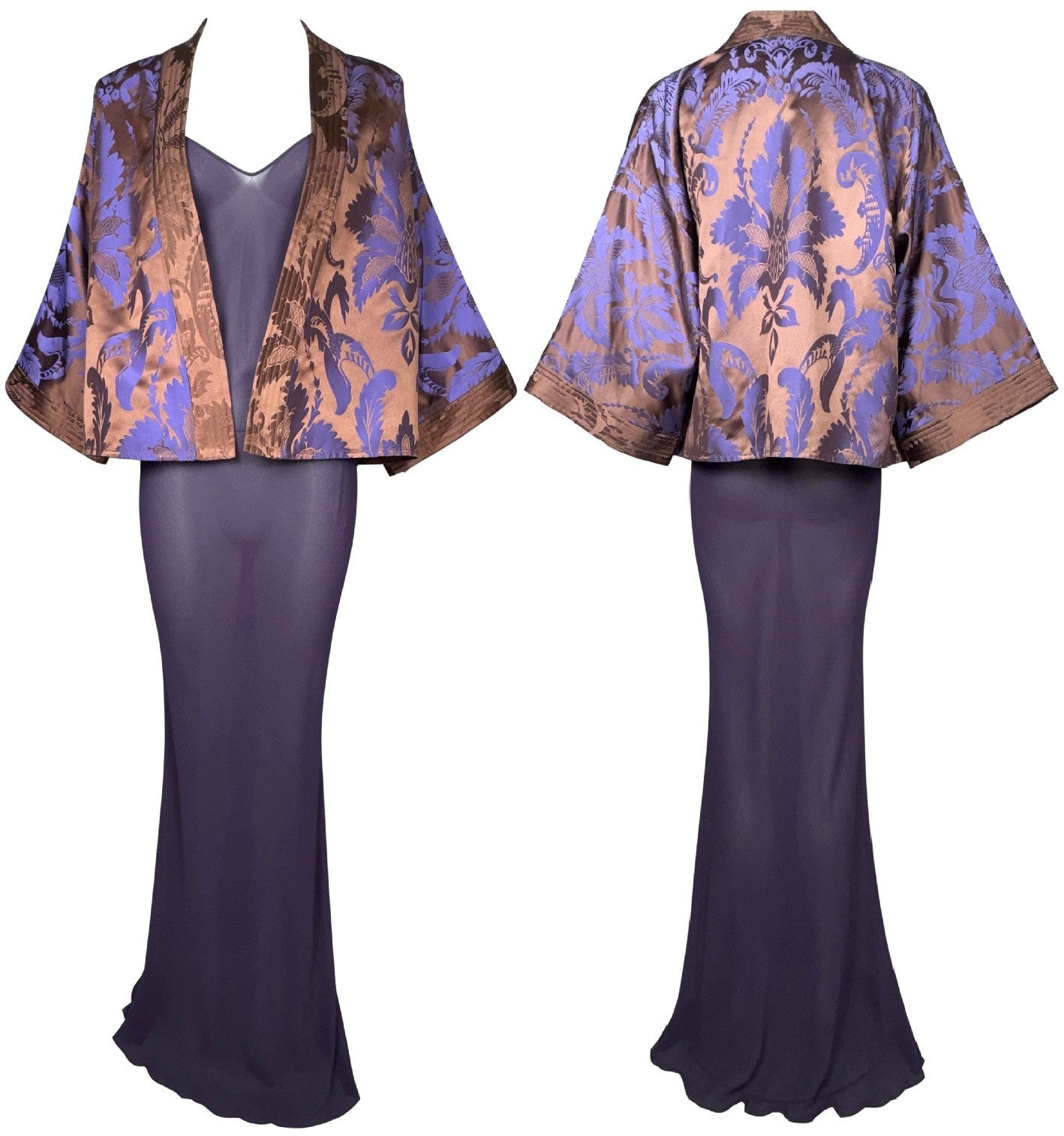1997 Valentino Purple Bronze Kimono & 2003 John Galliano Sheer Purple Silk Plunging Mermaid Slip Dress