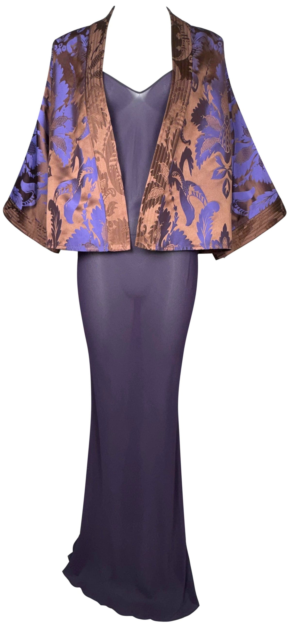 1997 Valentino Purple Bronze Kimono & 2003 John Galliano Sheer Purple Silk Plunging Mermaid Slip Dress