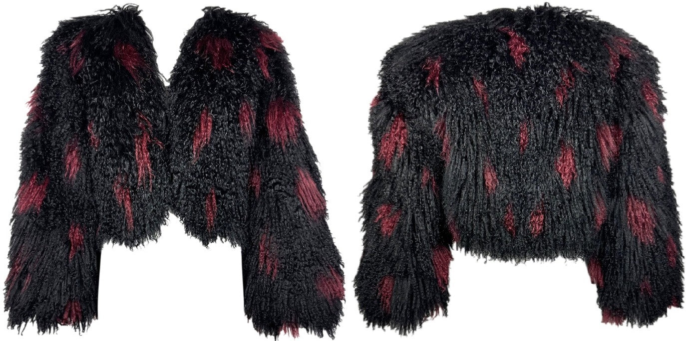 F/W 1997 Valentino Black & Red Shaggy Curly Lamb Fur Cropped Jacket Coat