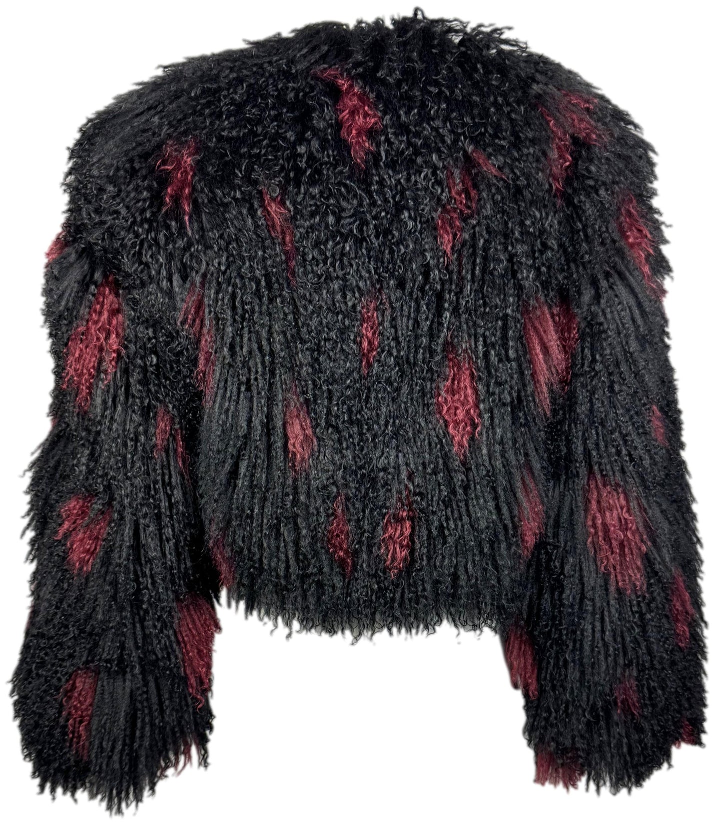 F/W 1997 Valentino Black & Red Shaggy Curly Lamb Fur Cropped Jacket Coat