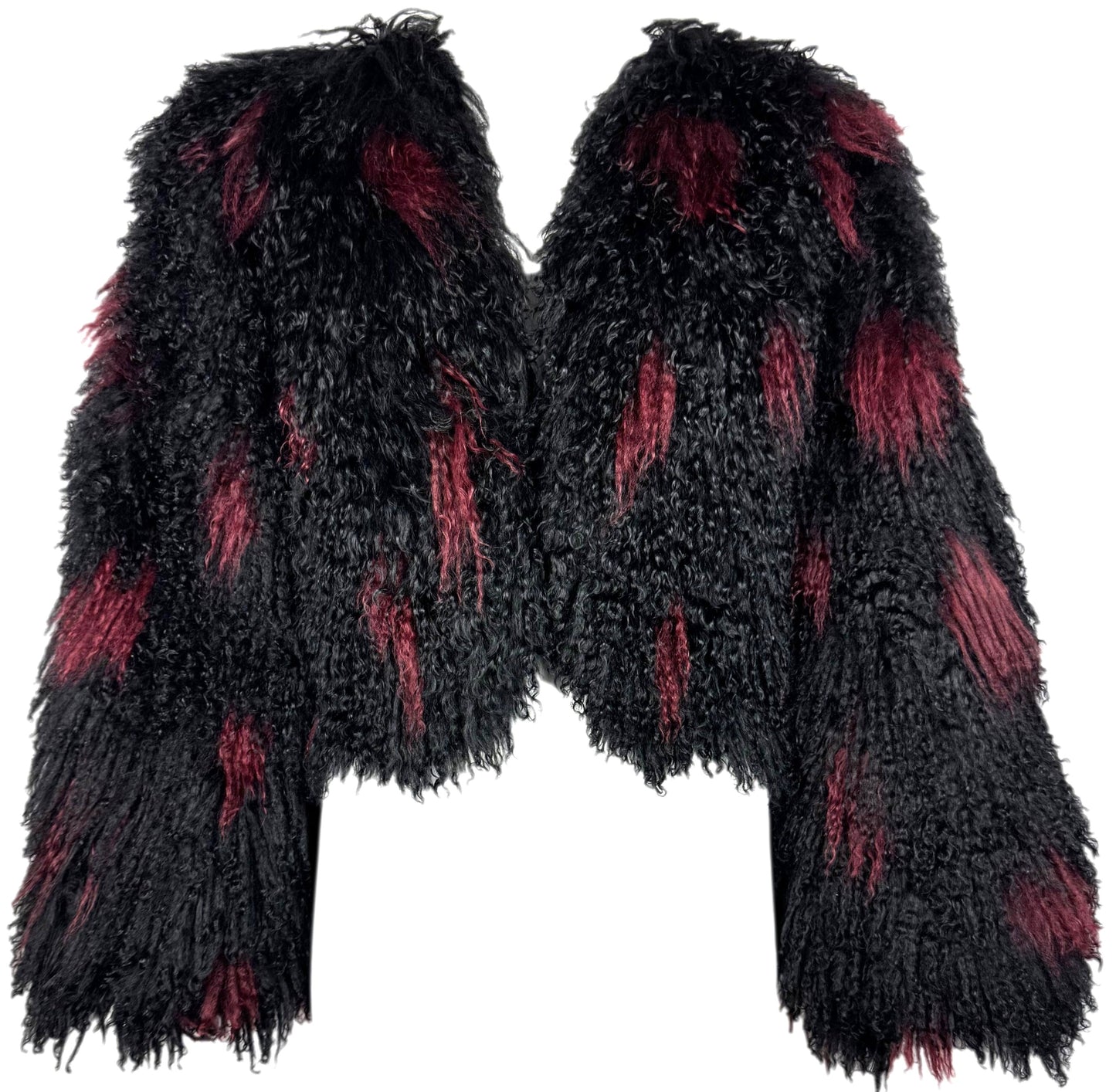 F/W 1997 Valentino Black & Red Shaggy Curly Lamb Fur Cropped Jacket Coat