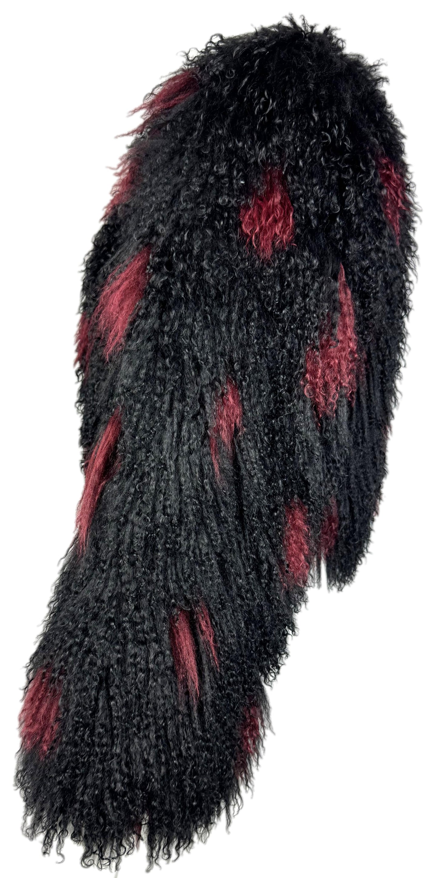 F/W 1997 Valentino Black & Red Shaggy Curly Lamb Fur Cropped Jacket Coat