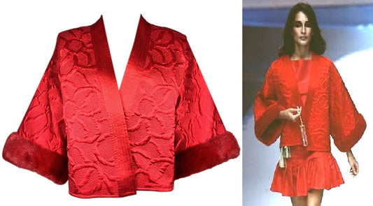F/W 1997 Valentino Runway Red Satin Kimono Mink Fur Trim jacket