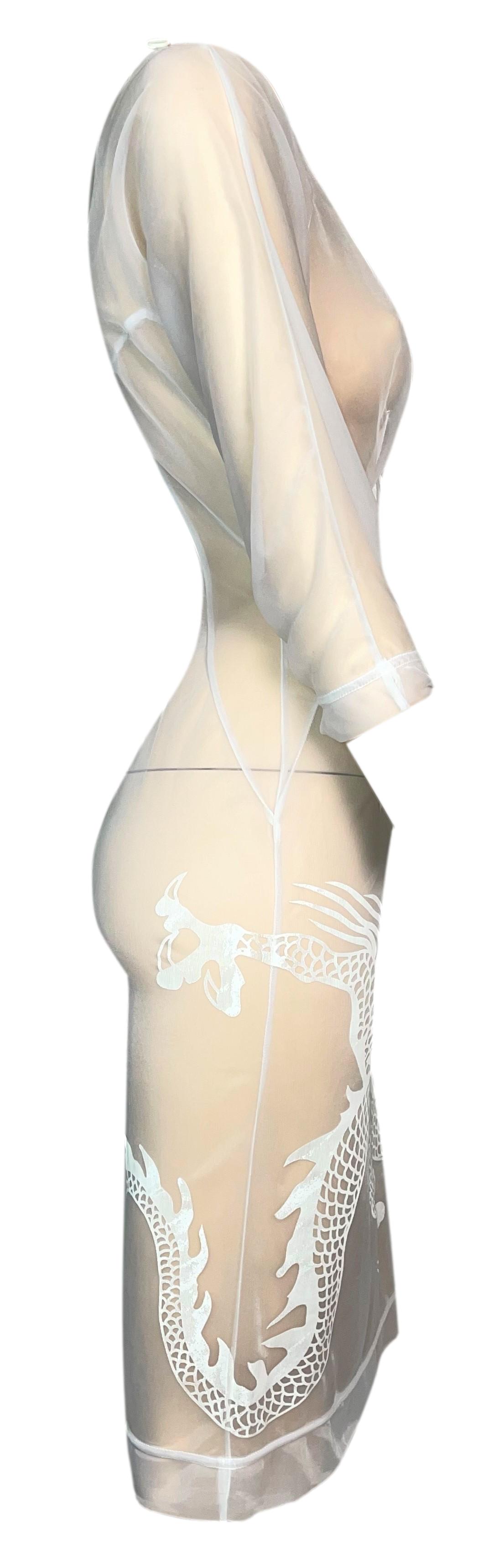 S/S 1997 Alexander McQueen Runway Sheer White Mesh Dragon Bodycon Dress