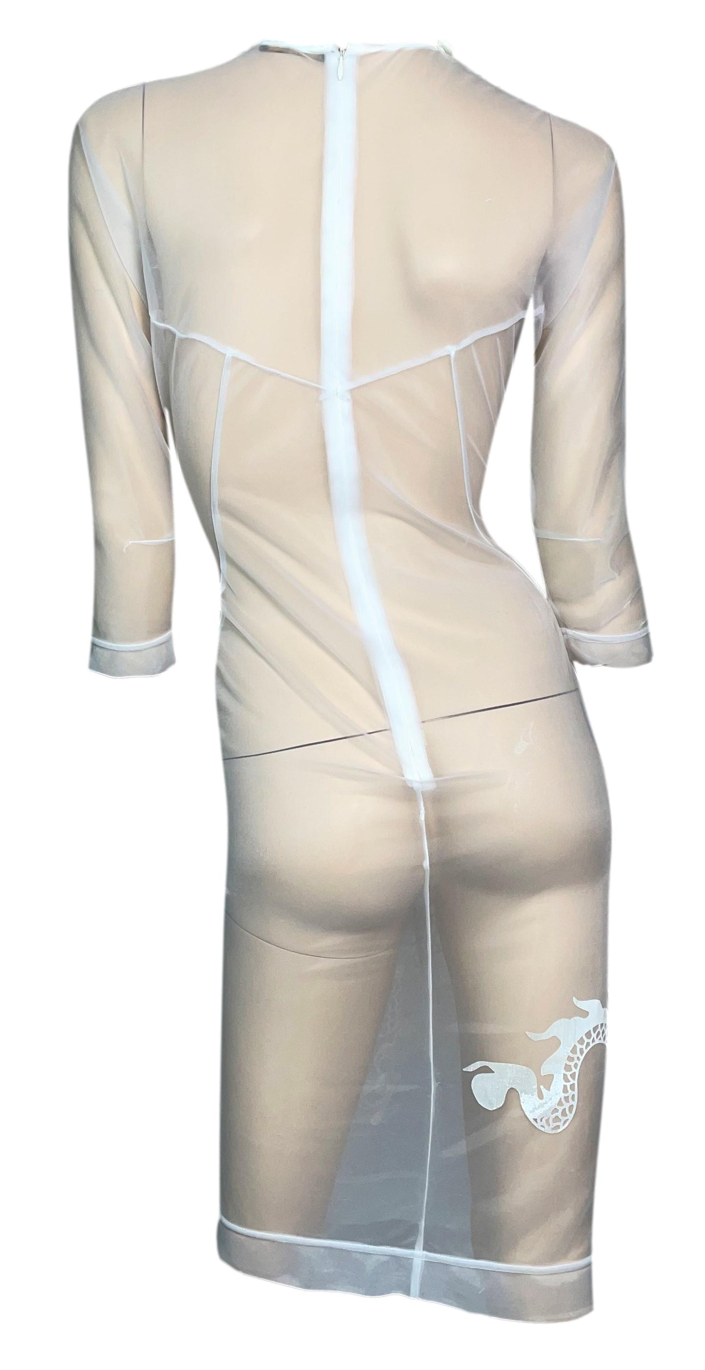 S/S 1997 Alexander McQueen Runway Sheer White Mesh Dragon Bodycon Dress