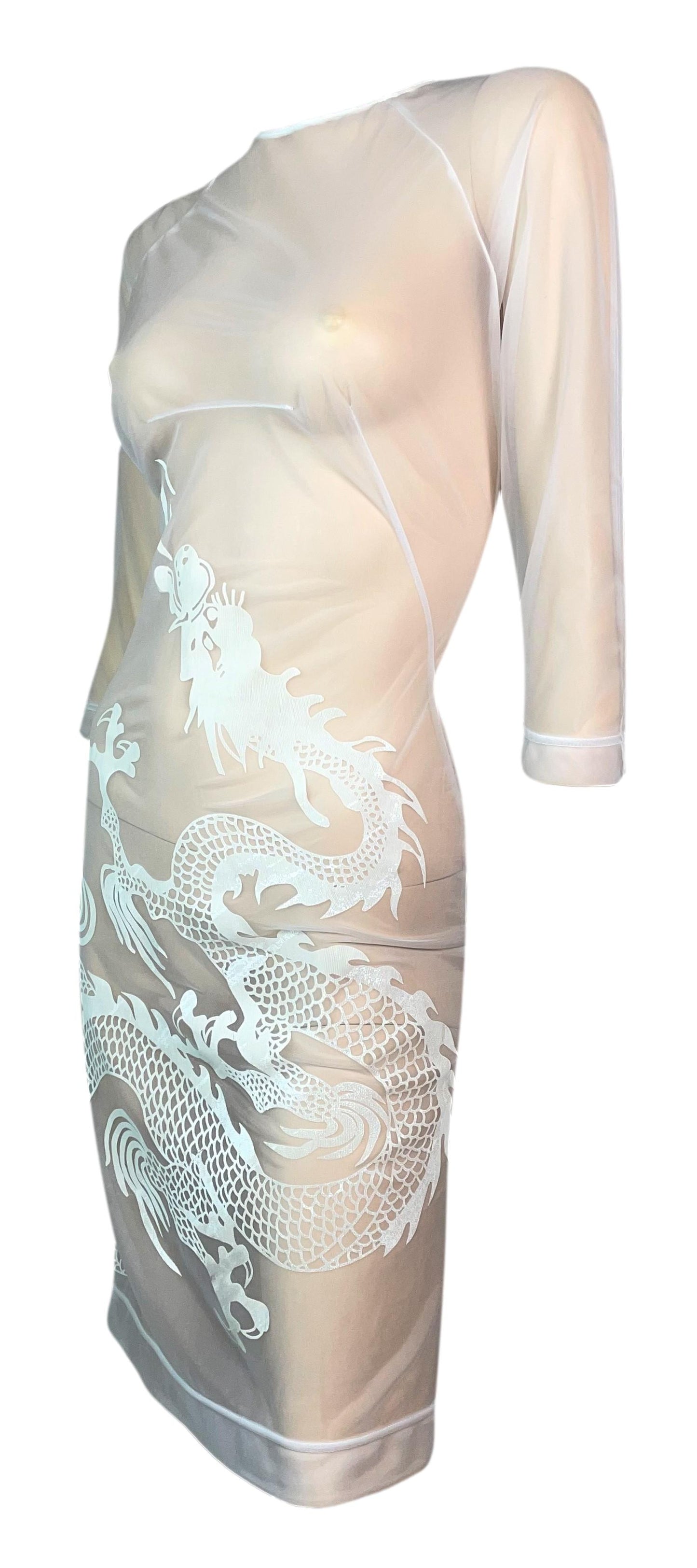 S/S 1997 Alexander McQueen Runway Sheer White Mesh Dragon Bodycon Dress