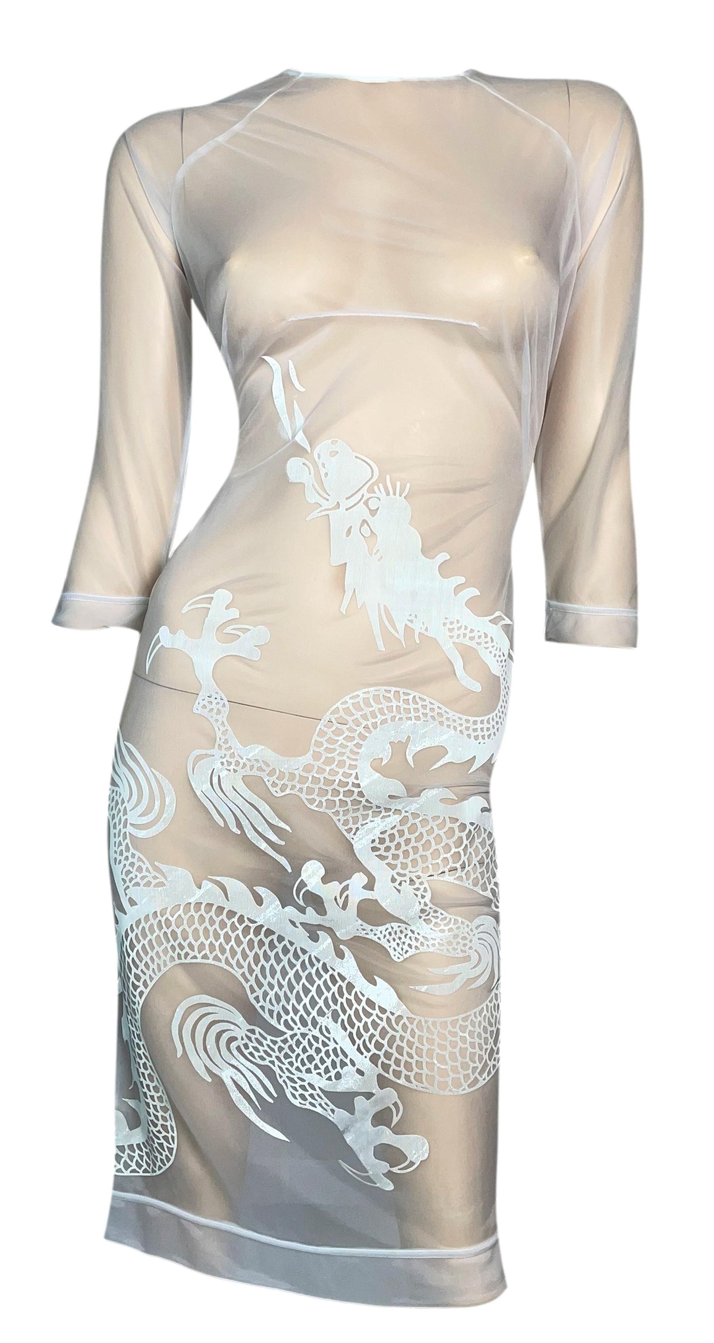 S/S 1997 Alexander McQueen Runway Sheer White Mesh Dragon Bodycon Dress