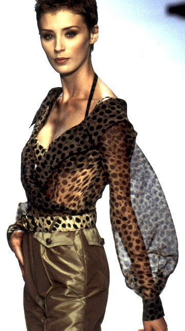 S/S 1997 Christian Dior x Gianfranco Ferre Runway Plunging Sheer Leopard Silk Bodysuit Poet Sleeve Blouse Top