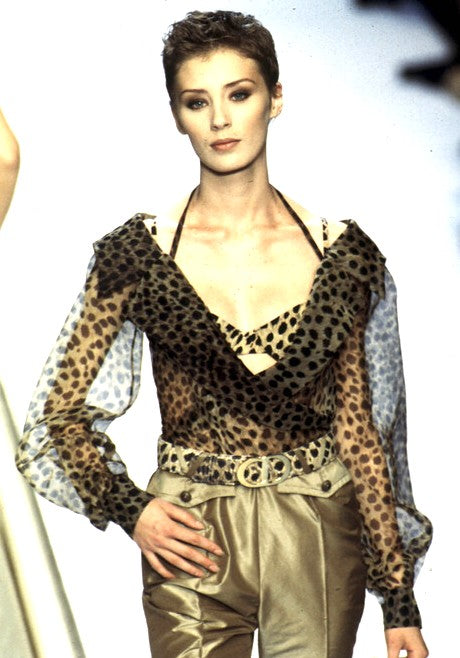 S/S 1997 Christian Dior x Gianfranco Ferre Runway Plunging Sheer Leopard Silk Bodysuit Poet Sleeve Blouse Top