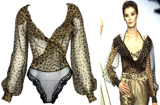 S/S 1997 Christian Dior x Gianfranco Ferre Runway Plunging Sheer Leopard Silk Bodysuit Poet Sleeve Blouse Top
