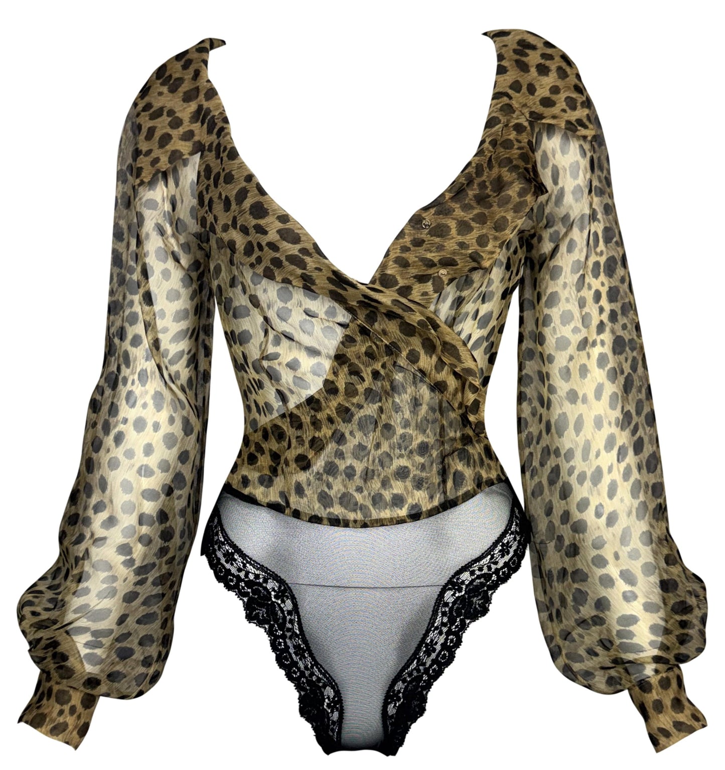 S/S 1997 Christian Dior x Gianfranco Ferre Runway Plunging Sheer Leopard Silk Bodysuit Poet Sleeve Blouse Top