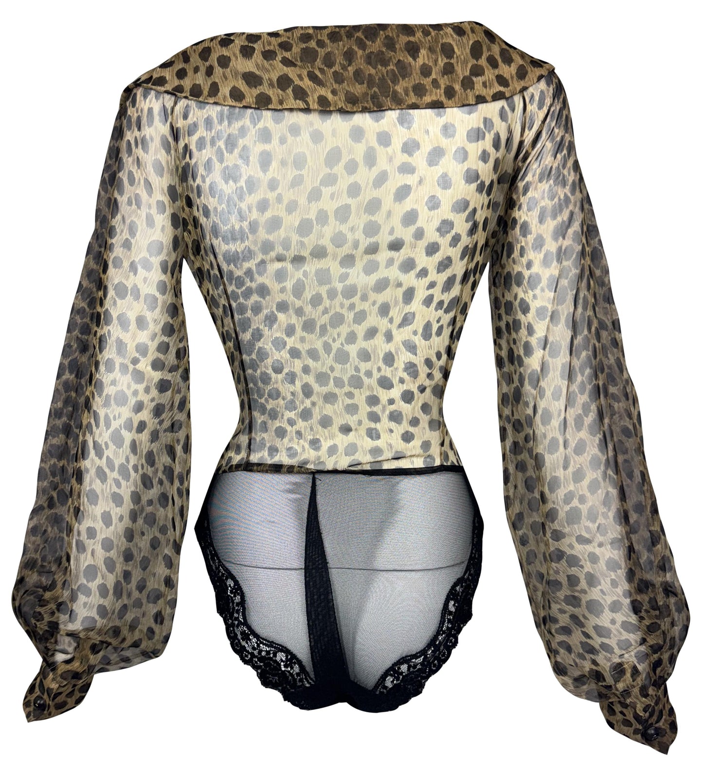S/S 1997 Christian Dior x Gianfranco Ferre Runway Plunging Sheer Leopard Silk Bodysuit Poet Sleeve Blouse Top
