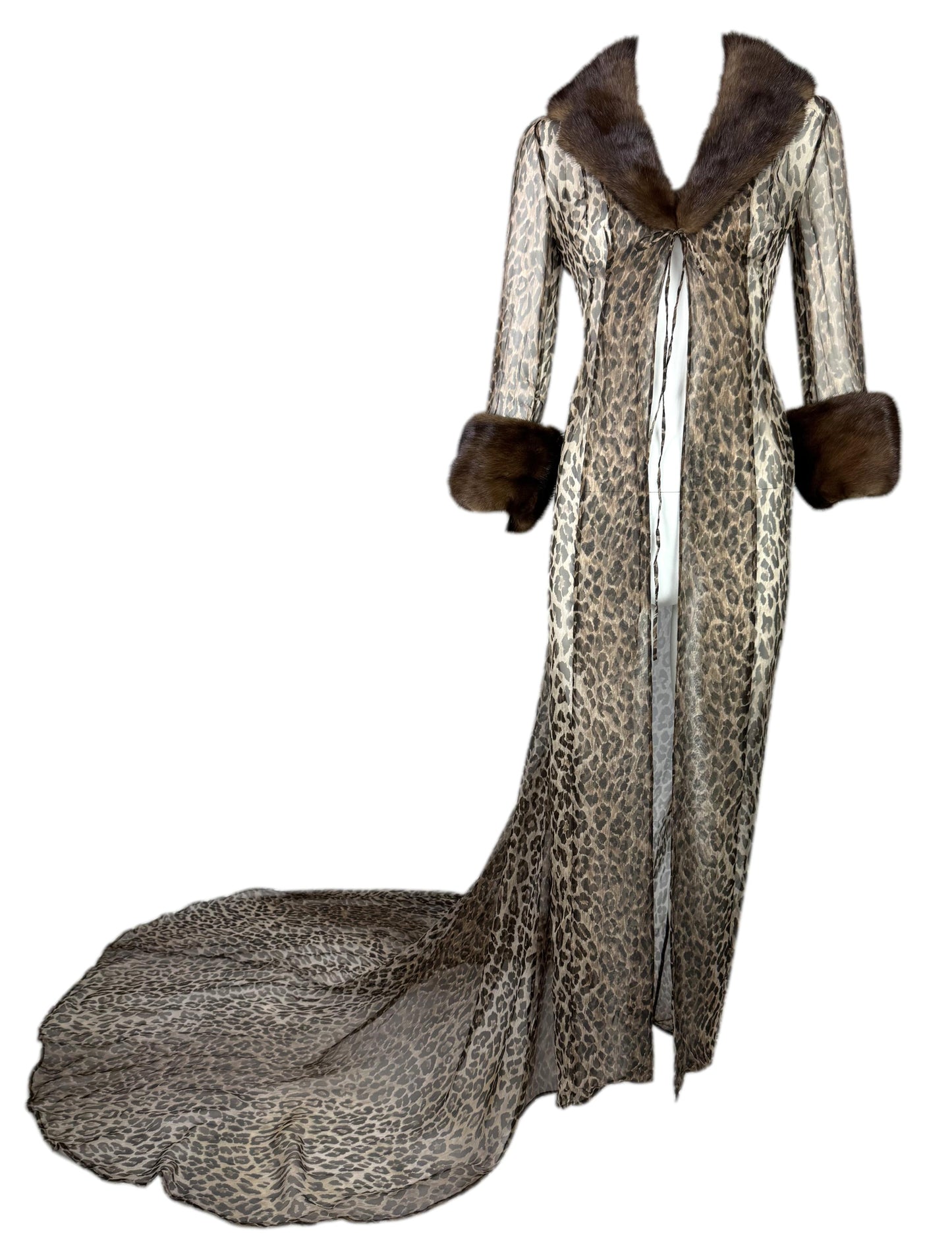 S/S 1997 Dolce & Gabbana Runway Sheer Silk Leopard & Mink Fur Coat Dress w Train