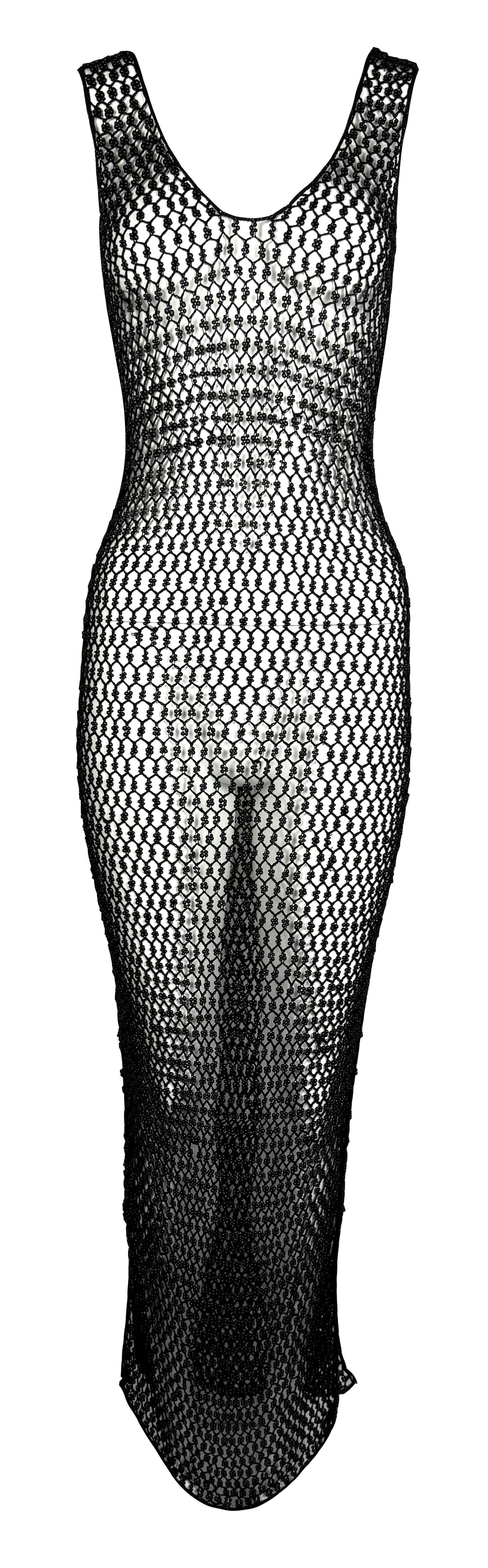 Vintage S/S 1997 Donna Karan Runway Sheer Black Knit Fishnet Beaded Mesh Maxi Dress