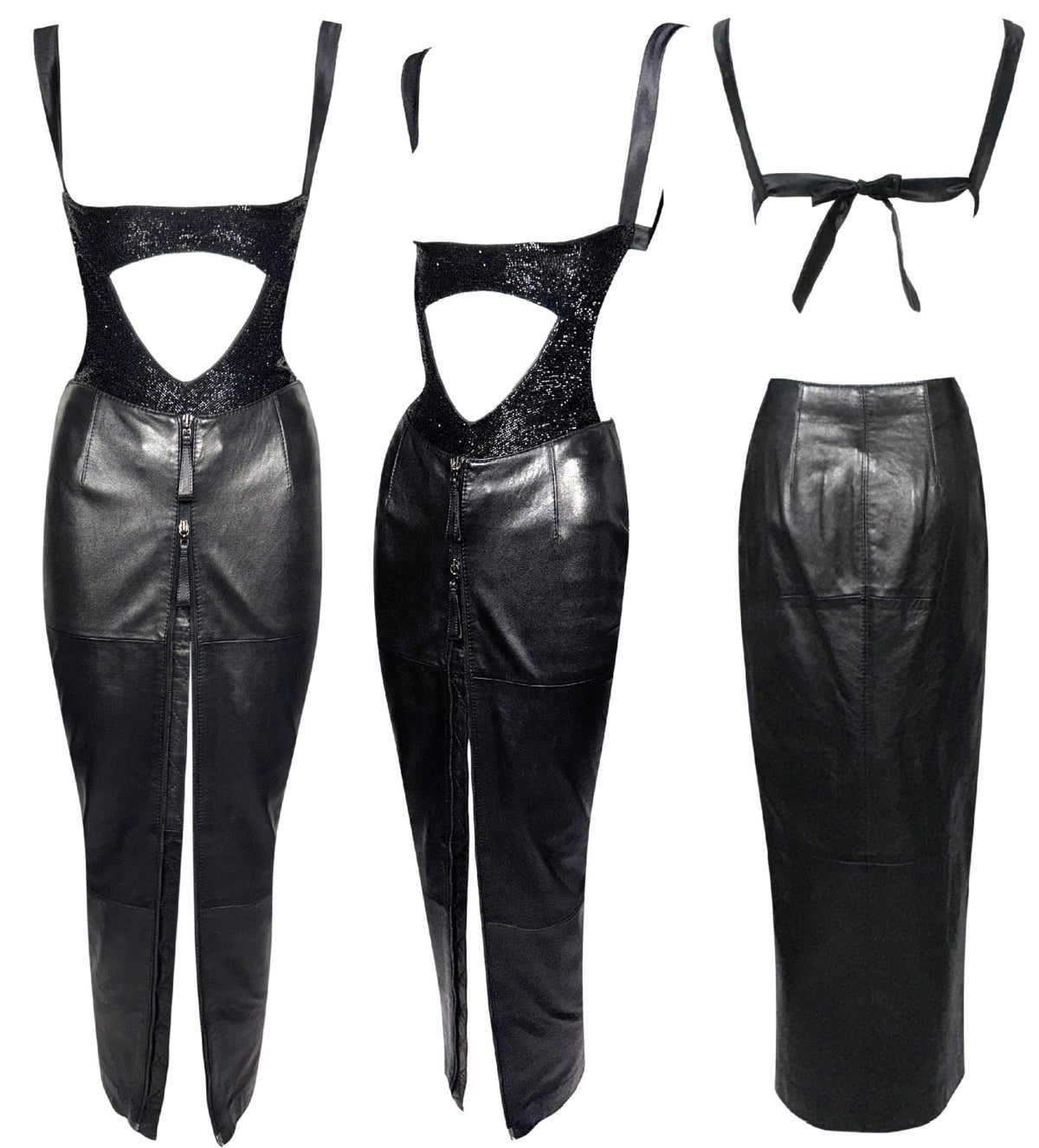 S/S 1997 Gianfranco Ferre Black Beaded Open Chest Bodysuit Top & Leather High Slit Rocker Maxi Skirt Set