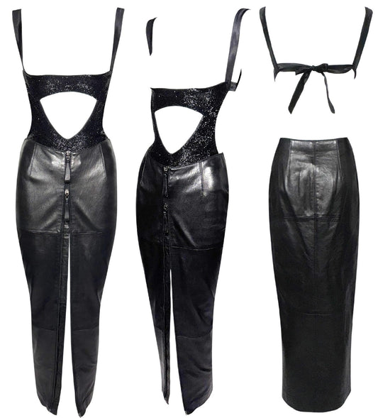S/S 1997 Gianfranco Ferre Black Beaded Open Chest Bodysuit Top & Leather High Slit Rocker Maxi Skirt Set