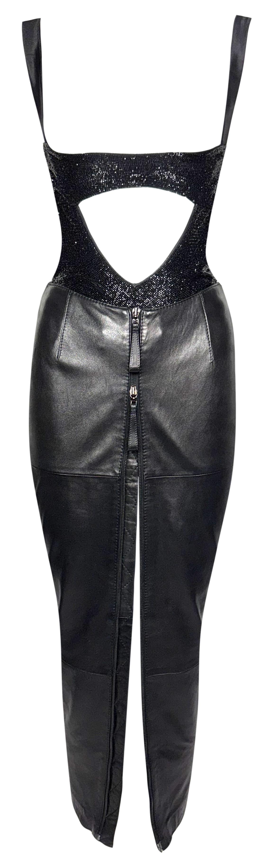 S/S 1997 Gianfranco Ferre Black Beaded Open Chest Bodysuit Top & Leather High Slit Rocker Maxi Skirt Set