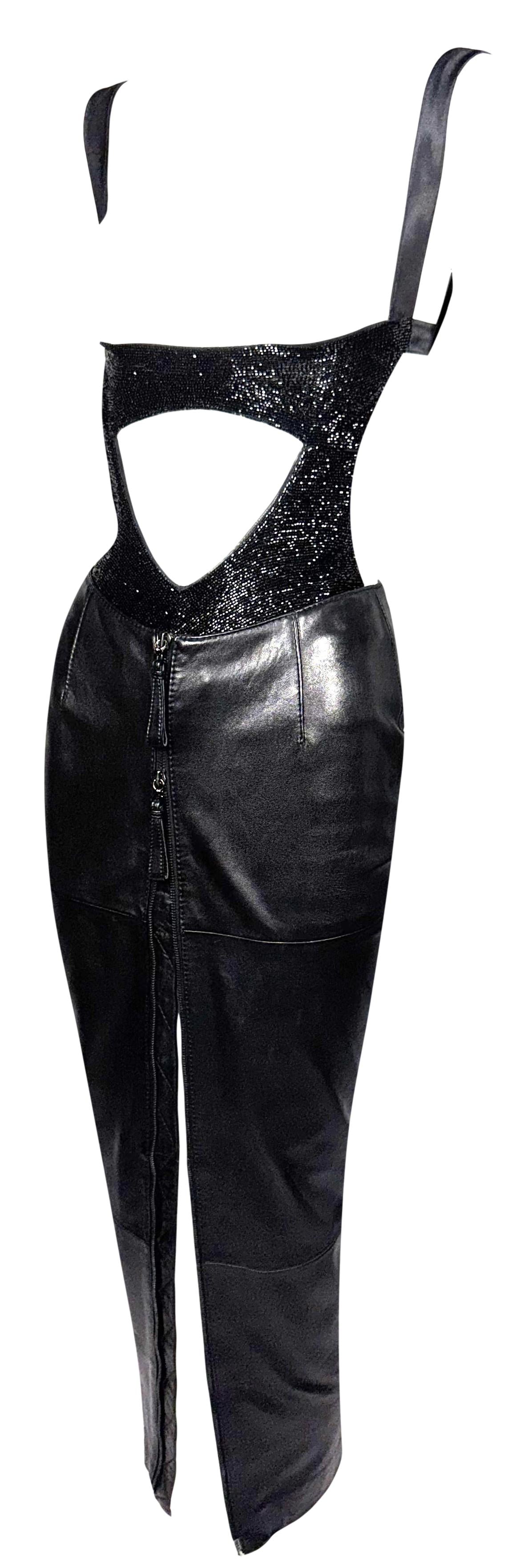 S/S 1997 Gianfranco Ferre Black Beaded Open Chest Bodysuit Top & Leather High Slit Rocker Maxi Skirt Set