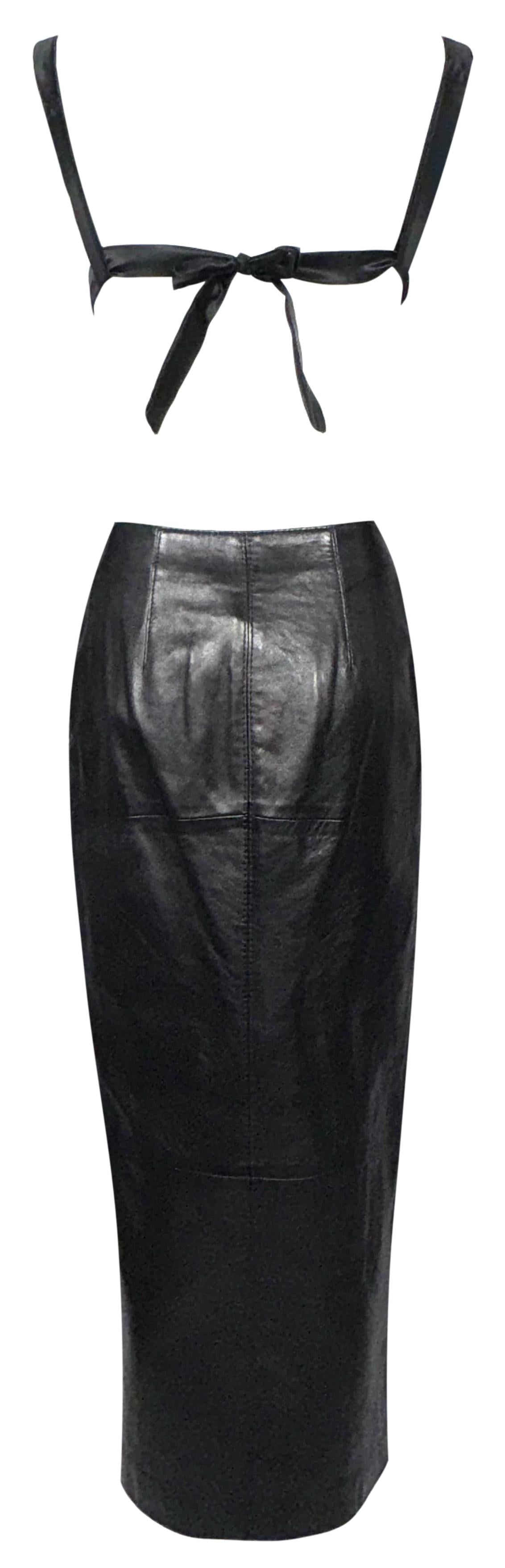 S/S 1997 Gianfranco Ferre Black Beaded Open Chest Bodysuit Top & Leather High Slit Rocker Maxi Skirt Set
