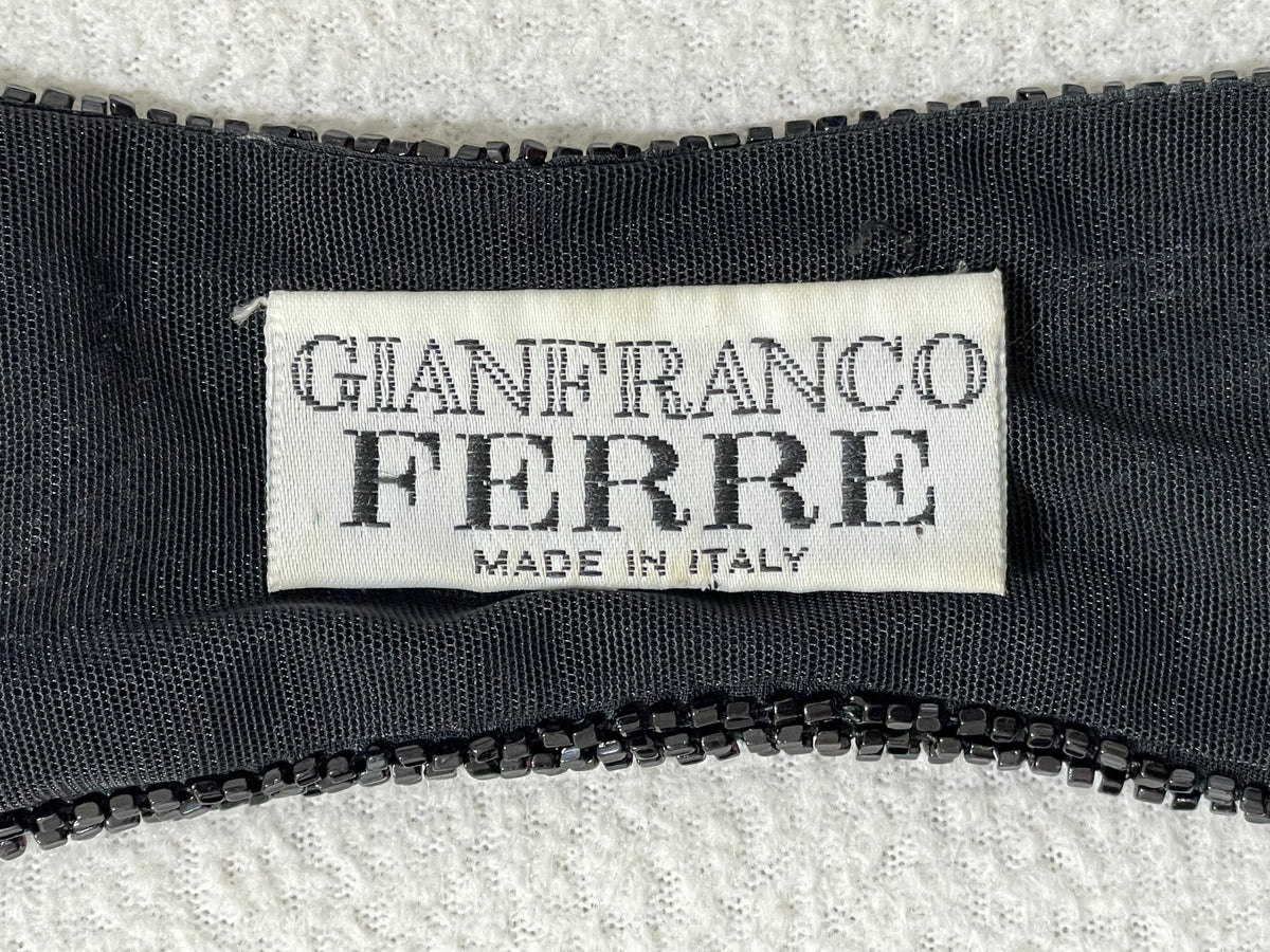 S/S 1997 Gianfranco Ferre Black Beaded Open Chest Bodysuit Top & Leather High Slit Rocker Maxi Skirt Set