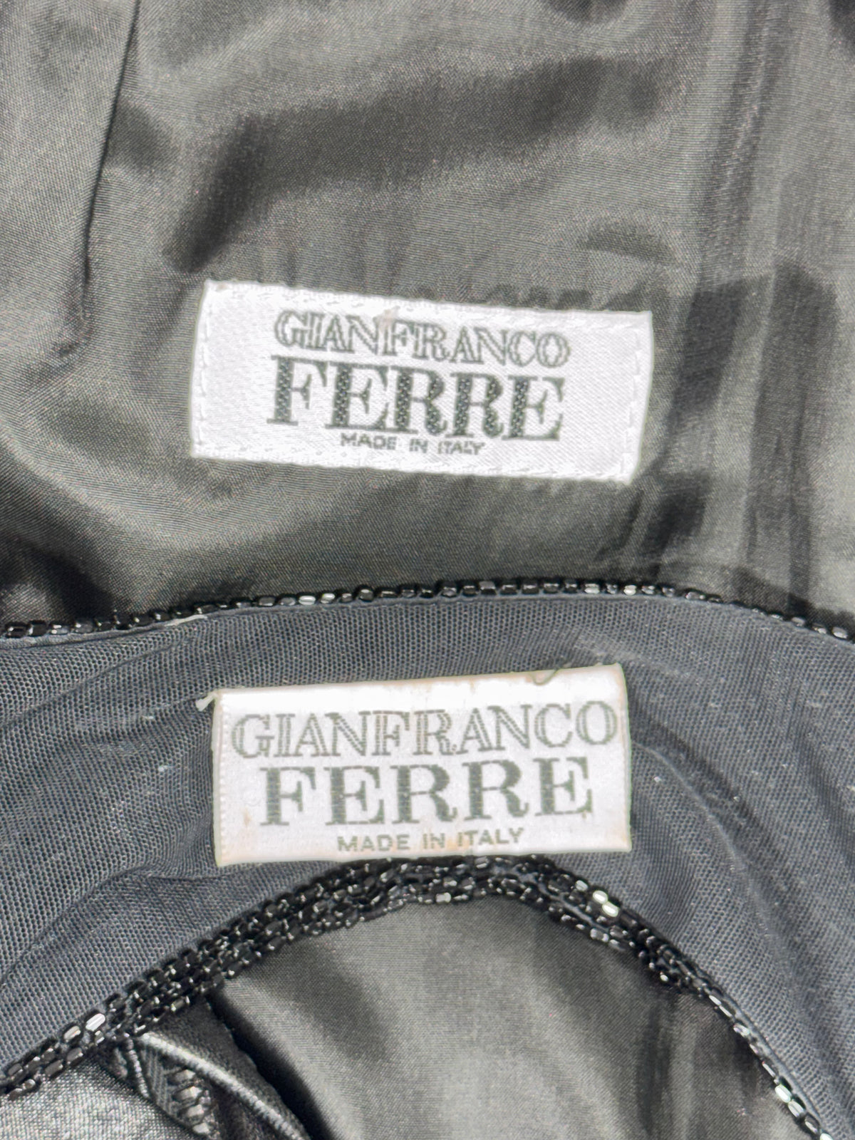 S/S 1997 Gianfranco Ferre Black Beaded Open Chest Bodysuit Top & Leather High Slit Rocker Maxi Skirt Set