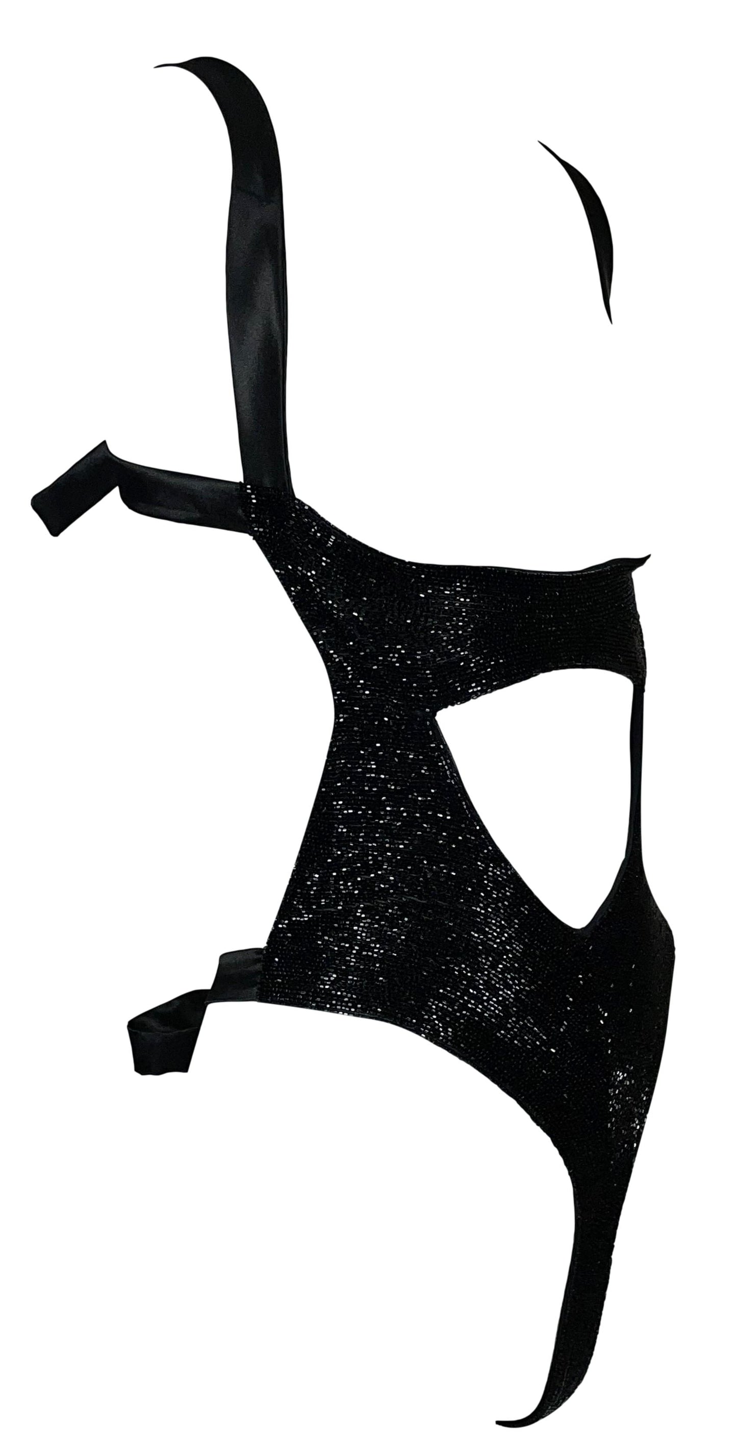 S/S 1997 Gianfranco Ferre Black Beaded Open Chest Bodysuit Top & Leather High Slit Rocker Maxi Skirt Set