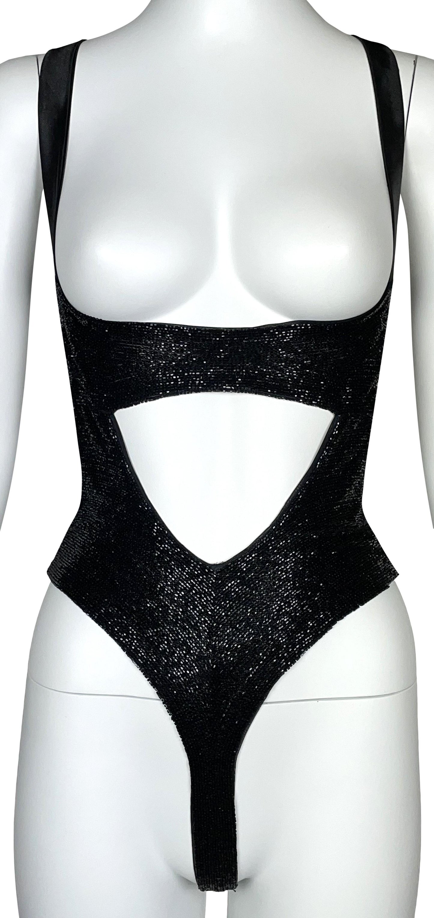 S/S 1997 Gianfranco Ferre Black Beaded Open Chest Bodysuit Top & Leather High Slit Rocker Maxi Skirt Set