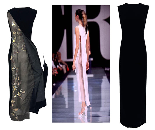 S/S 1997 Gianfranco Ferre Runway Black Velvet Chinoiserie Embellished Sheer Open Back Maxi Dress