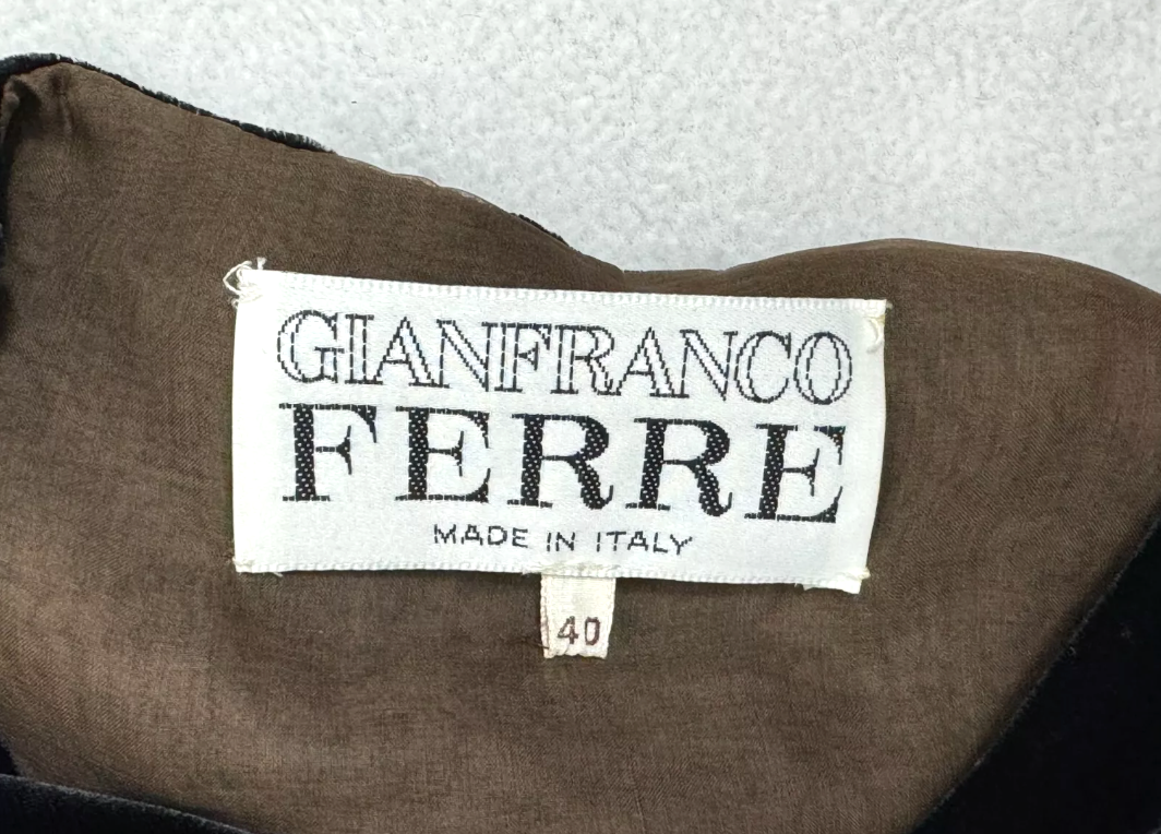S/S 1997 Gianfranco Ferre Runway Black Velvet Chinoiserie Embellished Sheer Open Back Maxi Dress