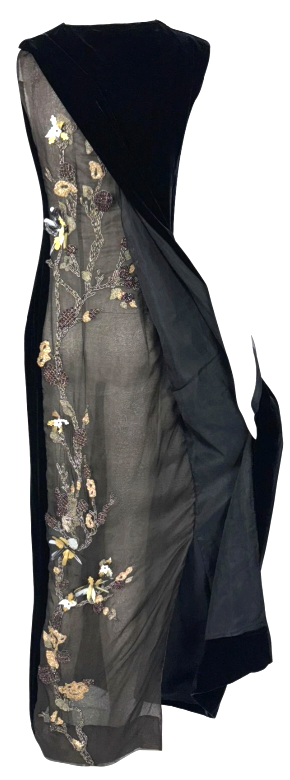 S/S 1997 Gianfranco Ferre Runway Black Velvet Chinoiserie Embellished Sheer Open Back Maxi Dress