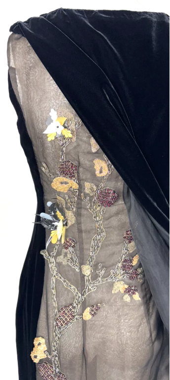 S/S 1997 Gianfranco Ferre Runway Black Velvet Chinoiserie Embellished Sheer Open Back Maxi Dress