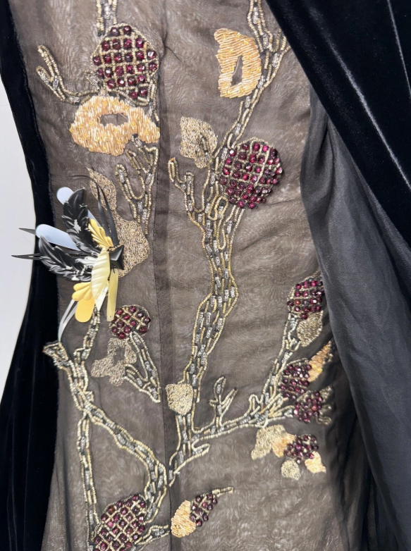 S/S 1997 Gianfranco Ferre Runway Black Velvet Chinoiserie Embellished Sheer Open Back Maxi Dress