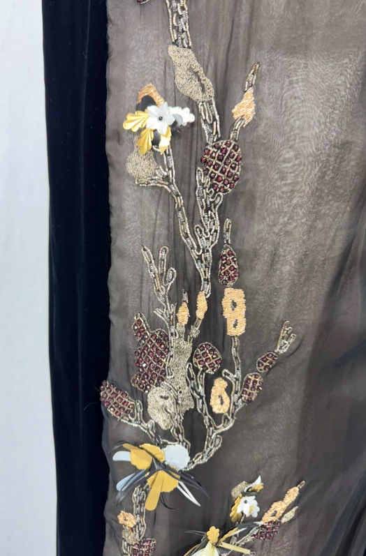 S/S 1997 Gianfranco Ferre Runway Black Velvet Chinoiserie Embellished Sheer Open Back Maxi Dress