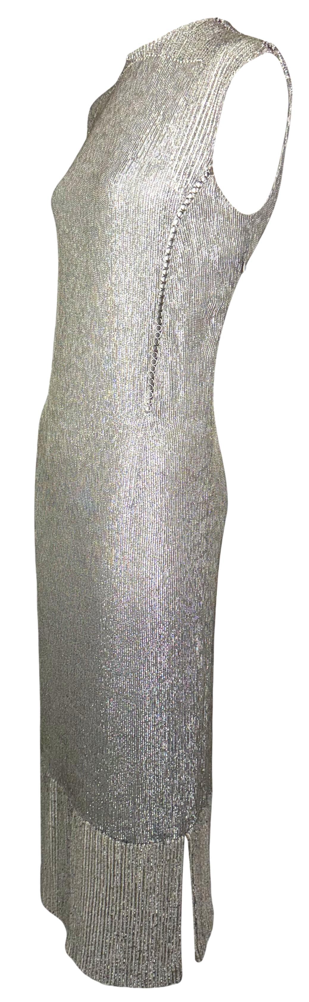 S/S 1997 Gianfranco Ferre 1920's Flapper Style Silver Crystal Beaded Column Maxi Dress