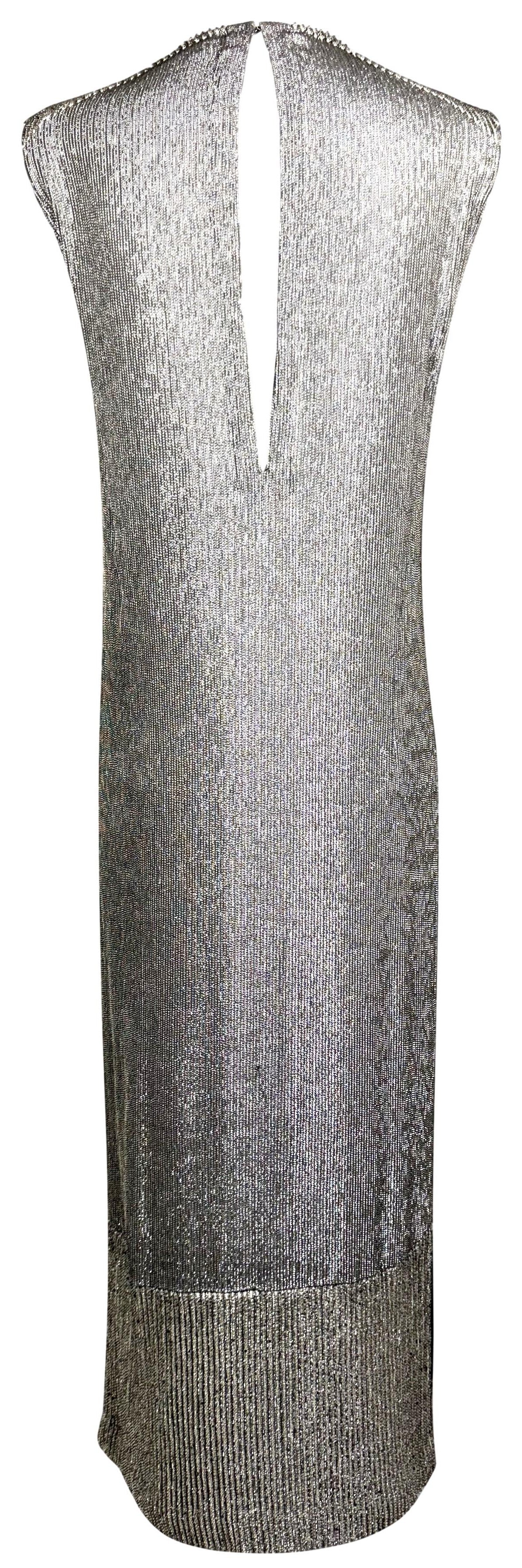 S/S 1997 Gianfranco Ferre 1920's Flapper Style Silver Crystal Beaded Column Maxi Dress